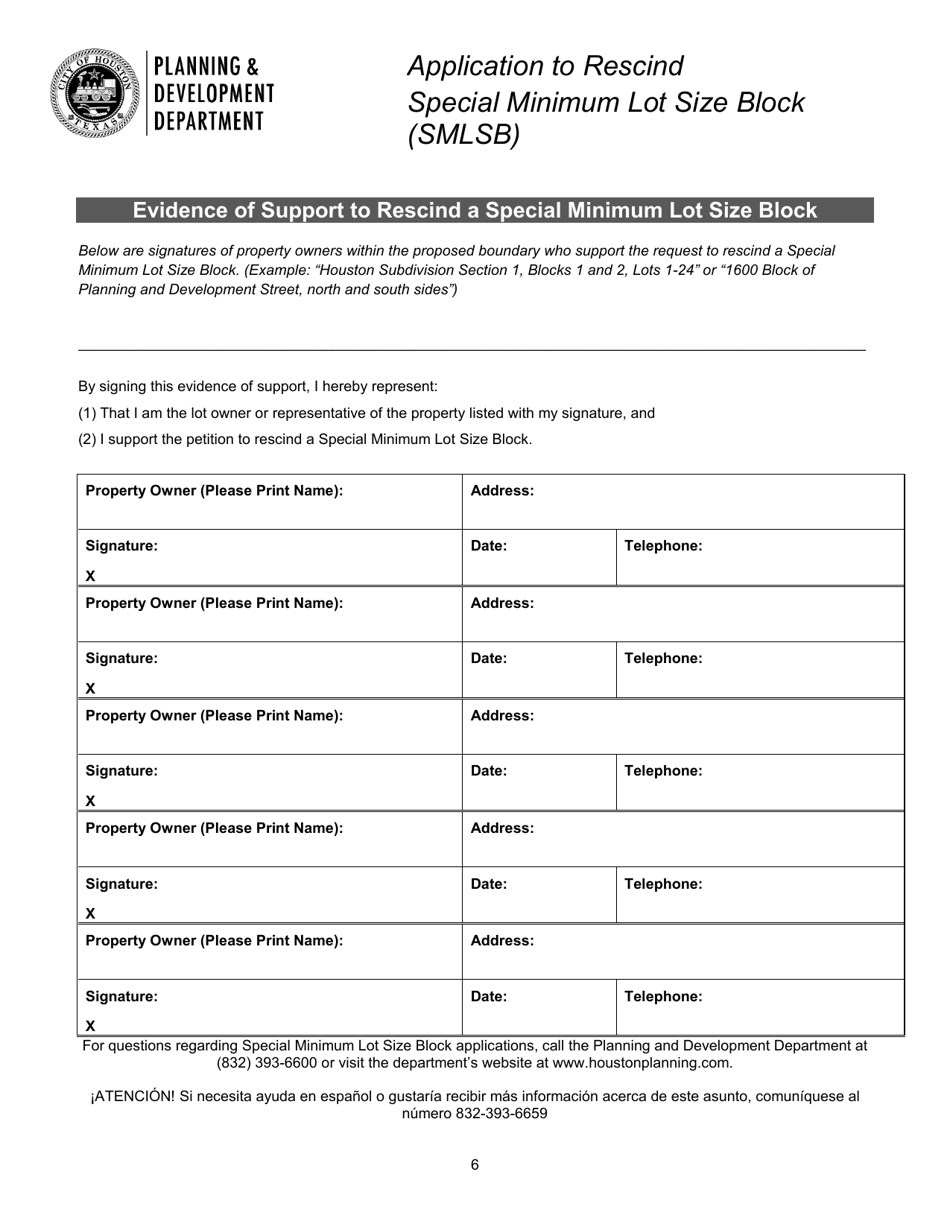Application to Rescind Special Minimum Lot Size Block (Smlsb) - City of Houston, Texas, Page 6