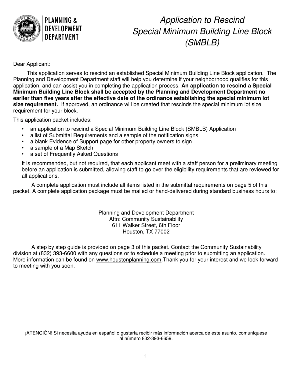 Application to Rescind Special Minimum Building Line Block (Smblb) - City of Houston, Texas, Page 1