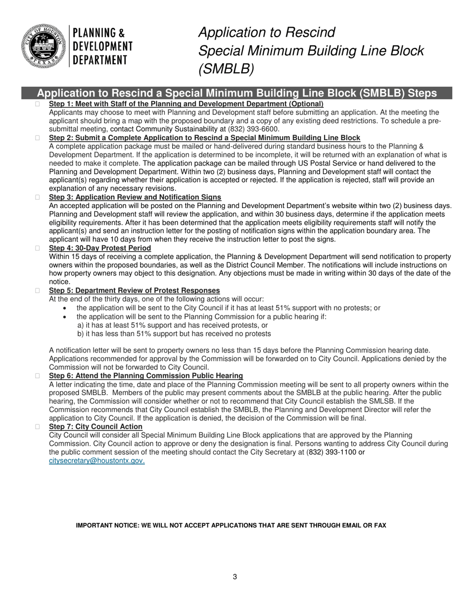 Application to Rescind Special Minimum Building Line Block (Smblb) - City of Houston, Texas, Page 3