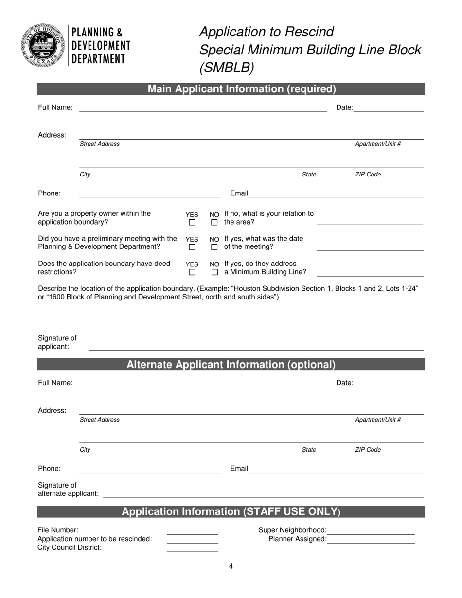 Application to Rescind Special Minimum Building Line Block (Smblb) - City of Houston, Texas, Page 4