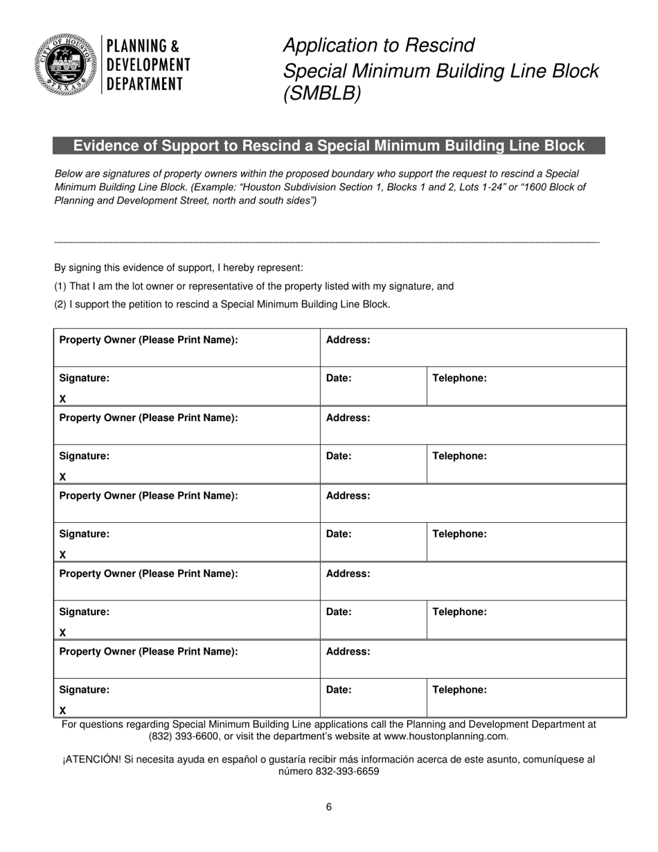 Application to Rescind Special Minimum Building Line Block (Smblb) - City of Houston, Texas, Page 6