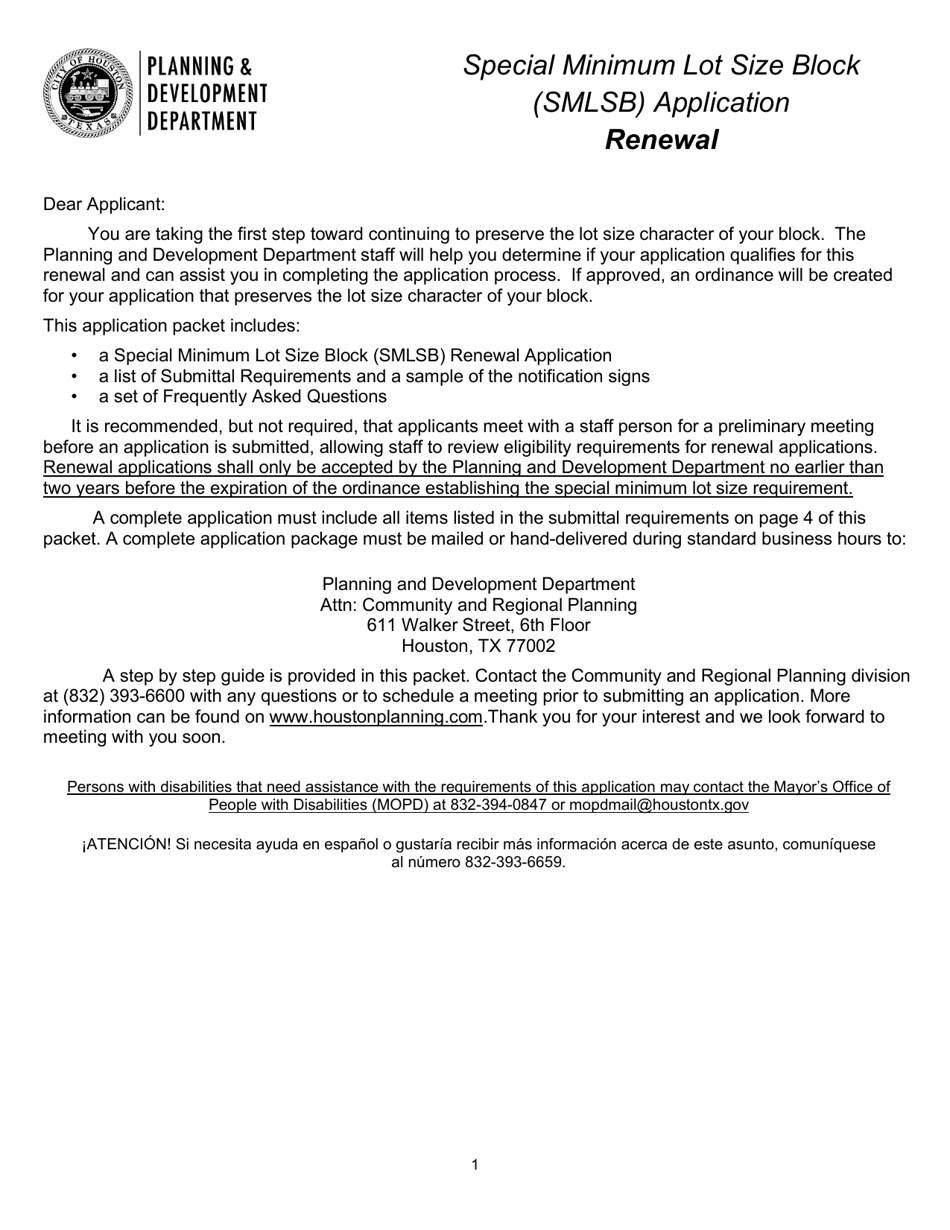 Special Minimum Lot Size Block (Smlsb) Renewal Application - City of Houston, Texas, Page 1