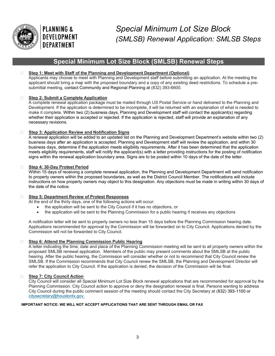 Special Minimum Lot Size Block (Smlsb) Renewal Application - City of Houston, Texas, Page 3