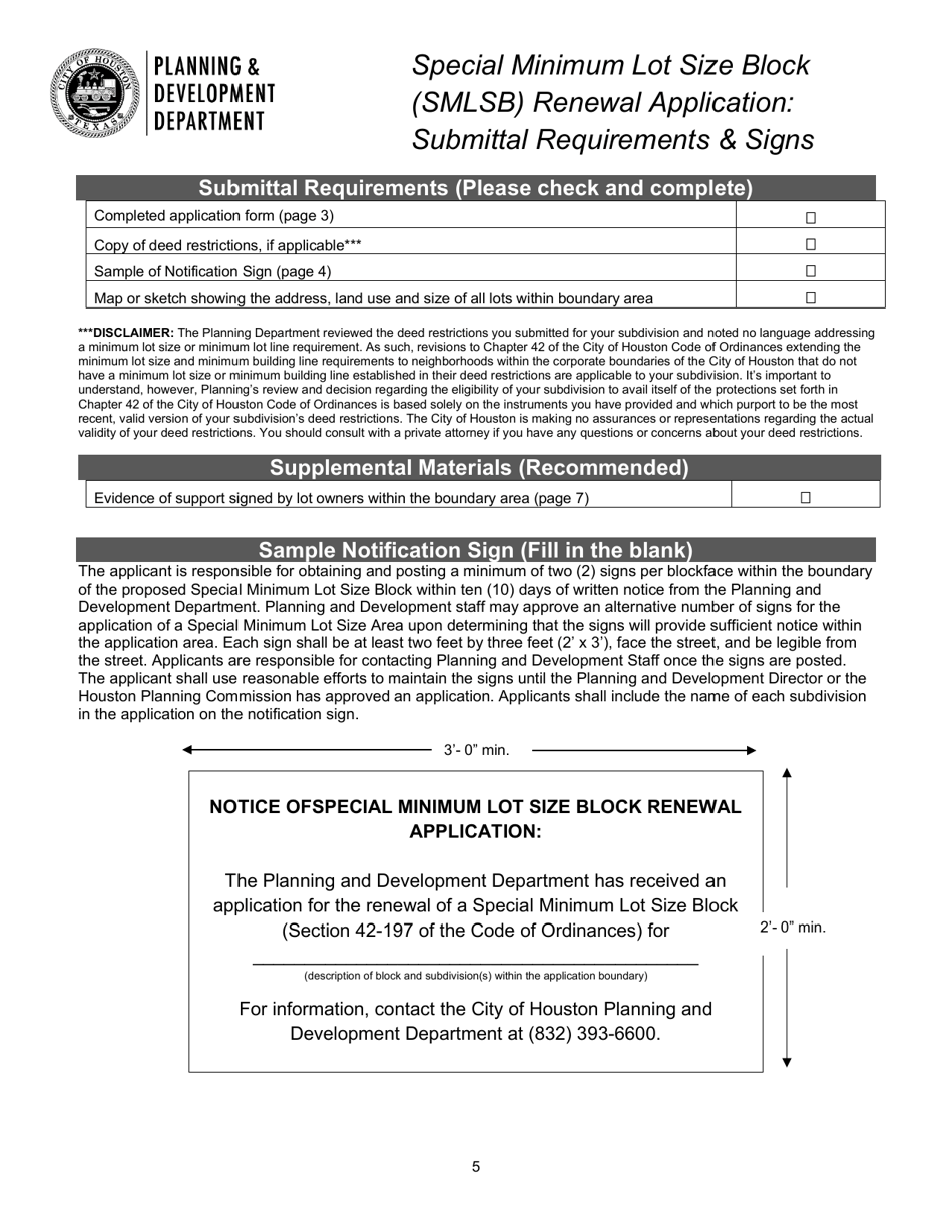Special Minimum Lot Size Block (Smlsb) Renewal Application - City of Houston, Texas, Page 5