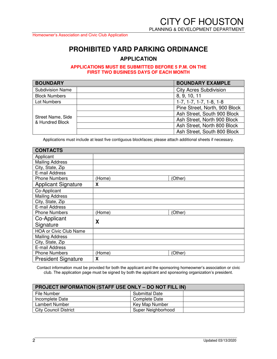 Prohibited Yard Parking Ordinance Application - Homeowners Association and Civic Club - City of Houston, Texas, Page 2