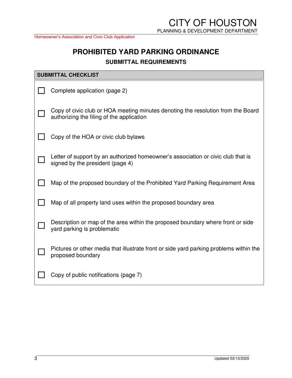 Prohibited Yard Parking Ordinance Application - Homeowners Association and Civic Club - City of Houston, Texas, Page 3
