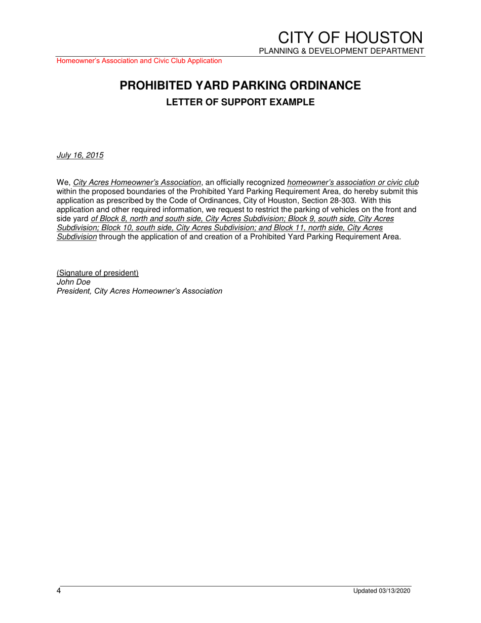 Prohibited Yard Parking Ordinance Application - Homeowners Association and Civic Club - City of Houston, Texas, Page 4