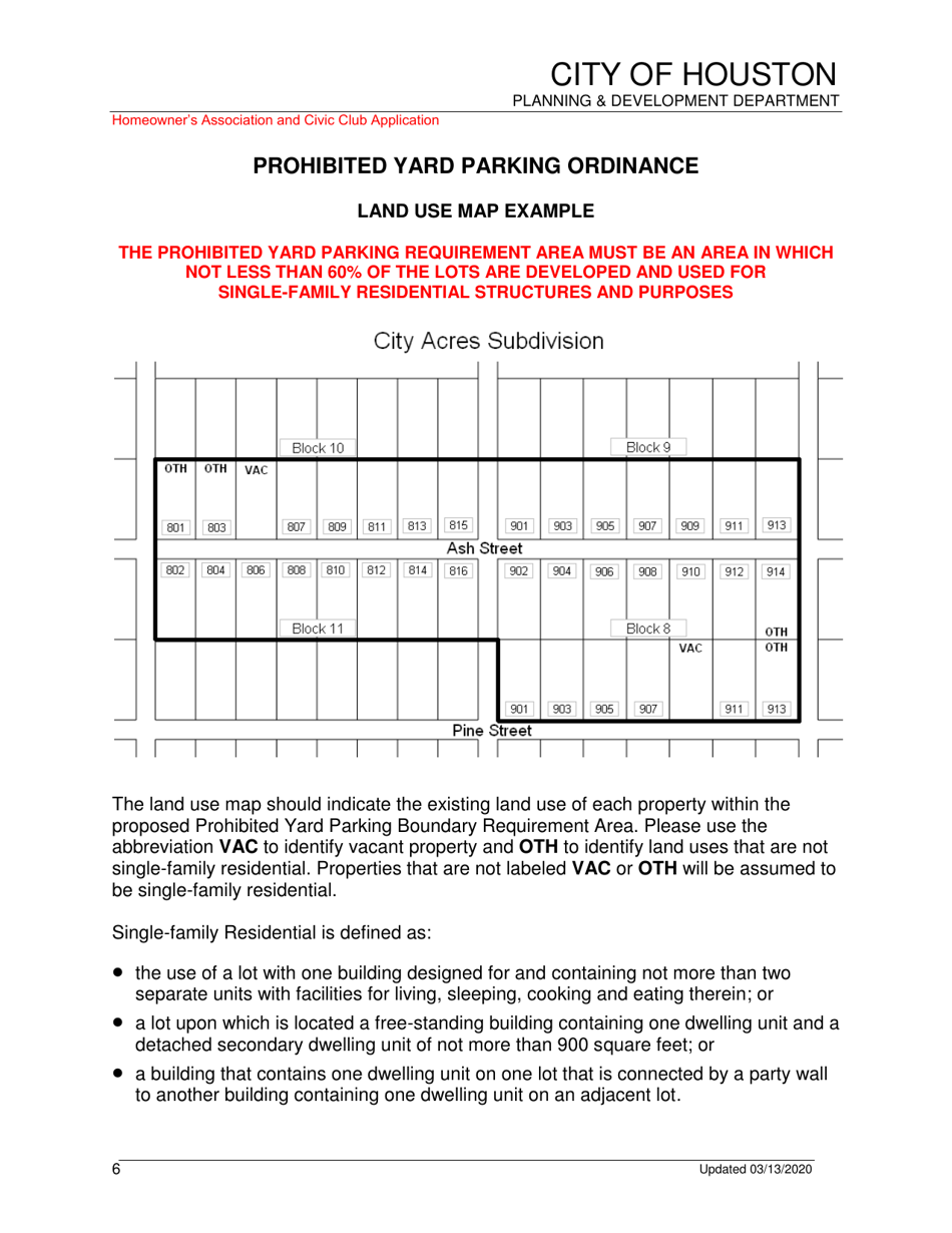 Prohibited Yard Parking Ordinance Application - Homeowners Association and Civic Club - City of Houston, Texas, Page 6