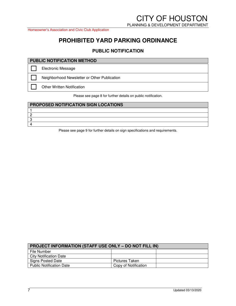 Prohibited Yard Parking Ordinance Application - Homeowners Association and Civic Club - City of Houston, Texas, Page 7