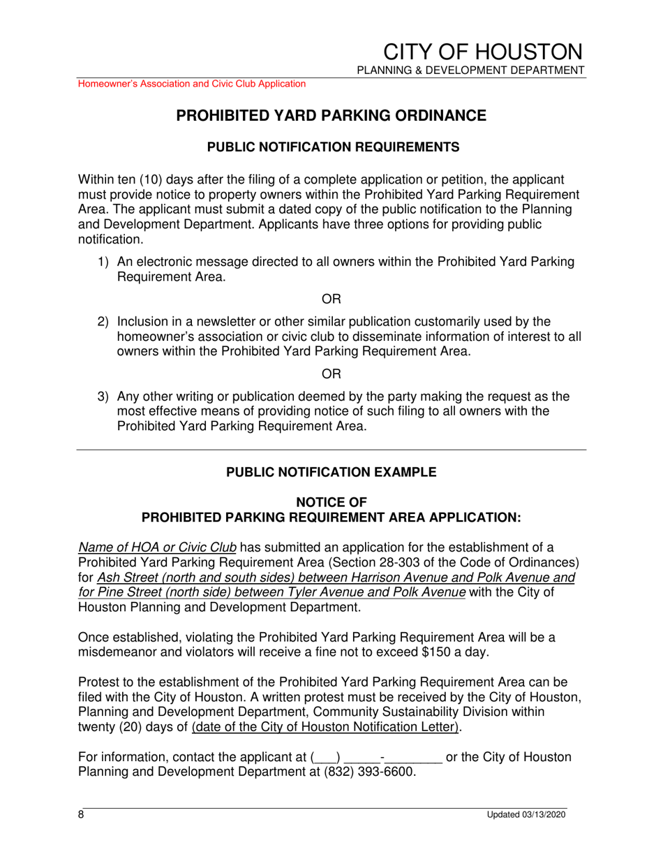 Prohibited Yard Parking Ordinance Application - Homeowners Association and Civic Club - City of Houston, Texas, Page 8