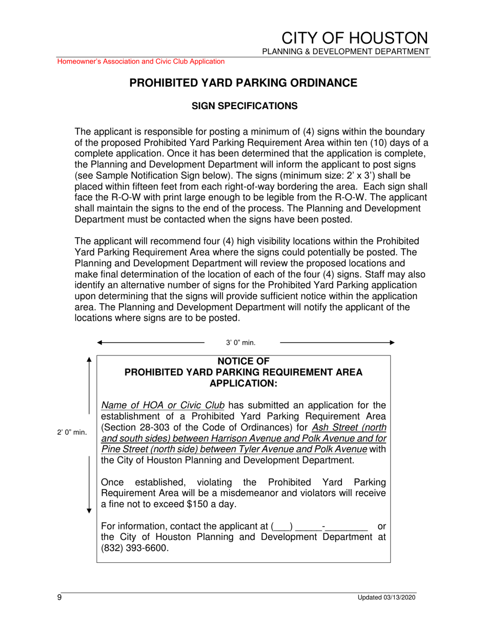 Prohibited Yard Parking Ordinance Application - Homeowners Association and Civic Club - City of Houston, Texas, Page 9