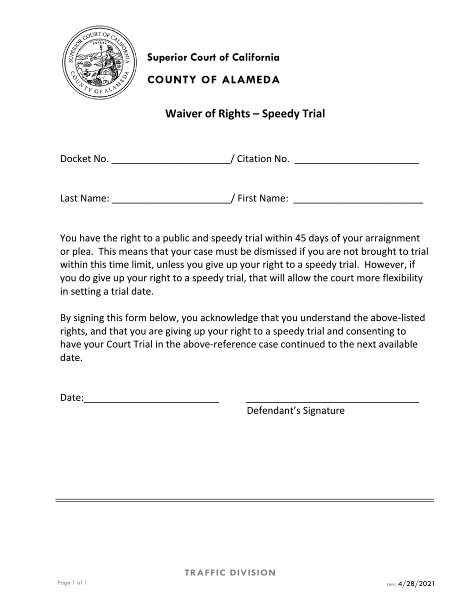 Waiver of Rights - Speedy Trial - County of Alameda, California, Page 1