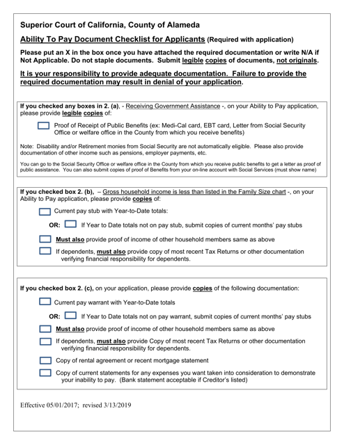 Ability to Pay Document Checklist for Applicants - County of Alameda, California