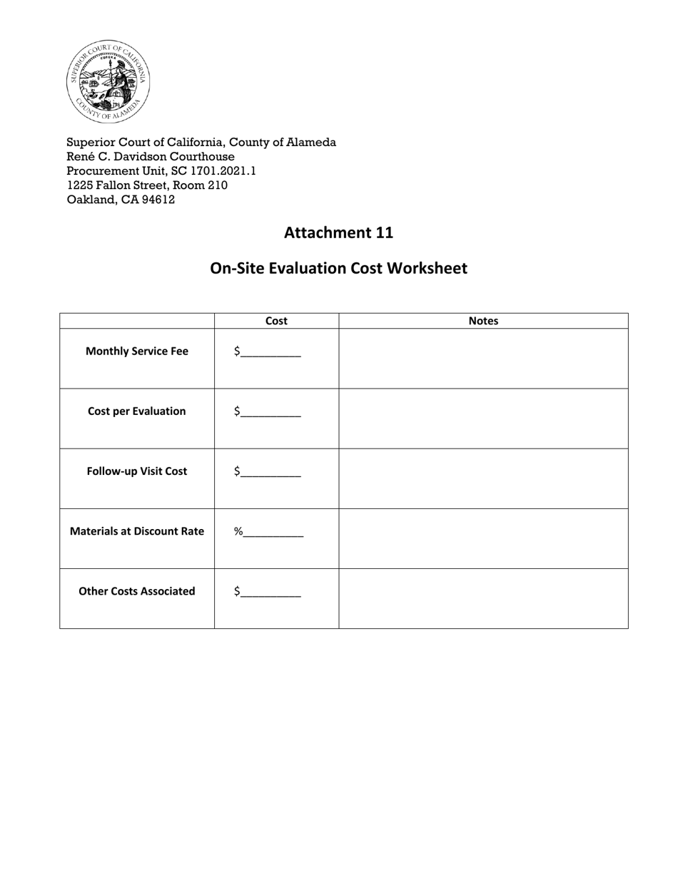 Attachment 11 On-Site Evaluation Cost Worksheet - County of Alameda, California, Page 1