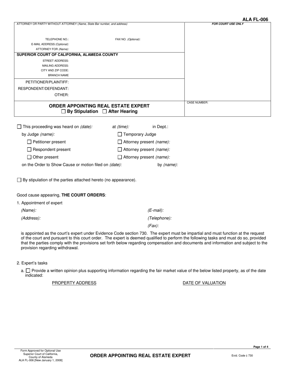 Form ALA FL-006 Order Appointing Real Estate Expert - County of Alameda, California, Page 1