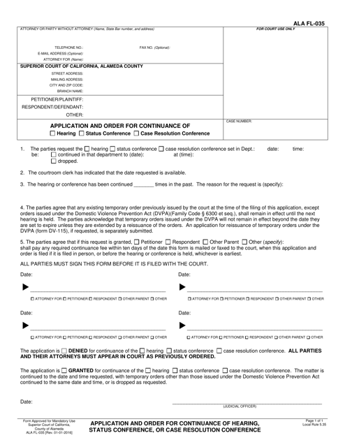 Form ALA FL-035 Application and Order for Continuance of Hearing, Status Conference, or Case Resolution Conference - County of Alameda, California