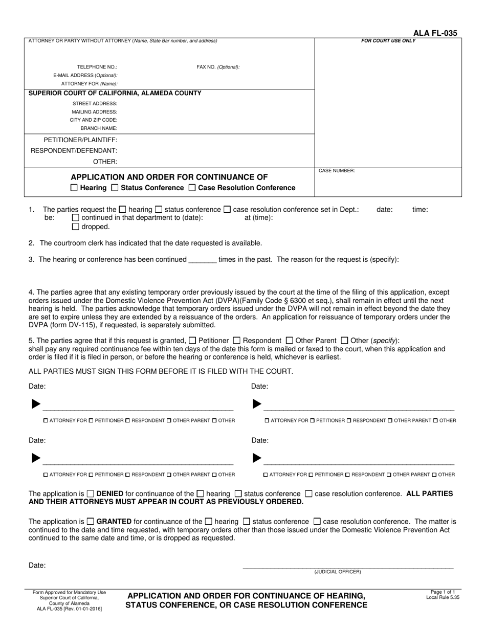 Form ALA FL-035 Application and Order for Continuance of Hearing, Status Conference, or Case Resolution Conference - County of Alameda, California, Page 1