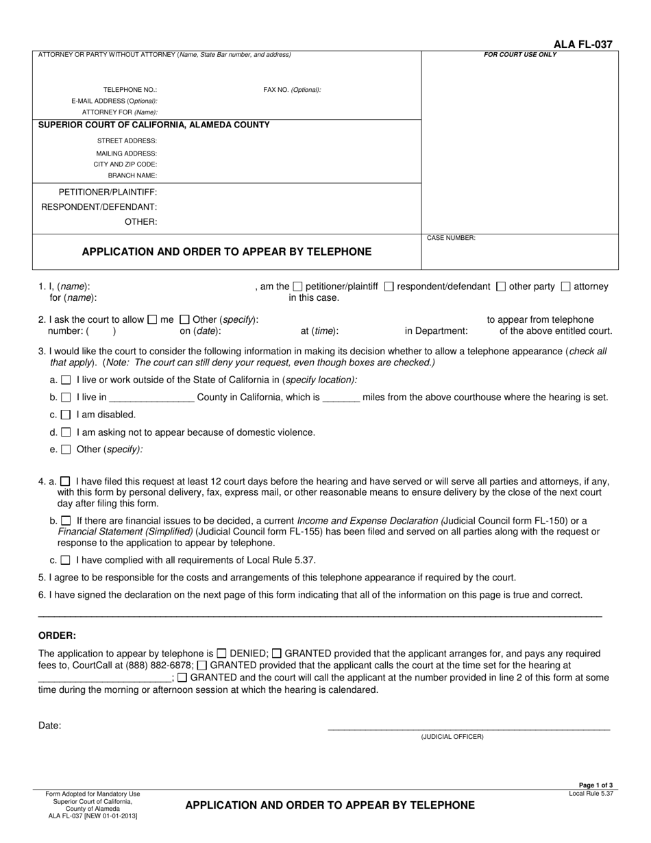 Form ALA FL-037 Application and Order to Appear by Telephone - County of Alameda, California, Page 1