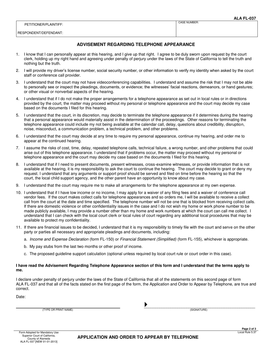 Form ALA FL-037 Application and Order to Appear by Telephone - County of Alameda, California, Page 2