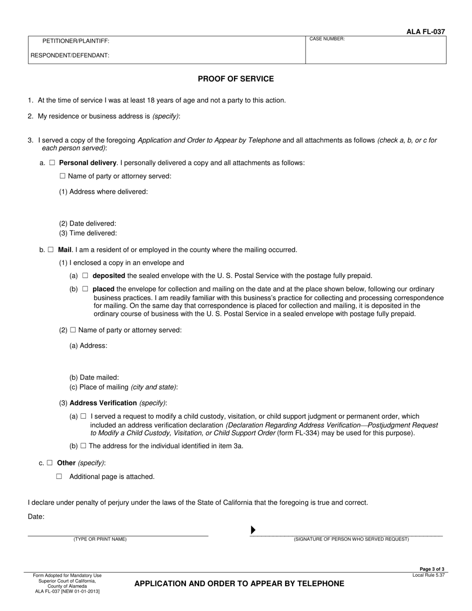 Form ALA FL-037 Application and Order to Appear by Telephone - County of Alameda, California, Page 3