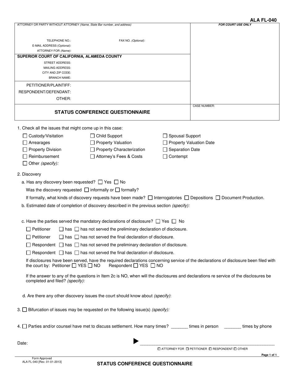 Form ALA FL-040 Status Conference Questionnaire - County of Alameda, California, Page 1