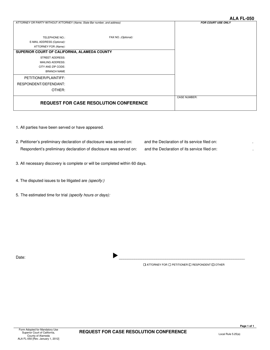 Form ALA FL-050 Request for Case Resolution Conference - County of Alameda, California, Page 1
