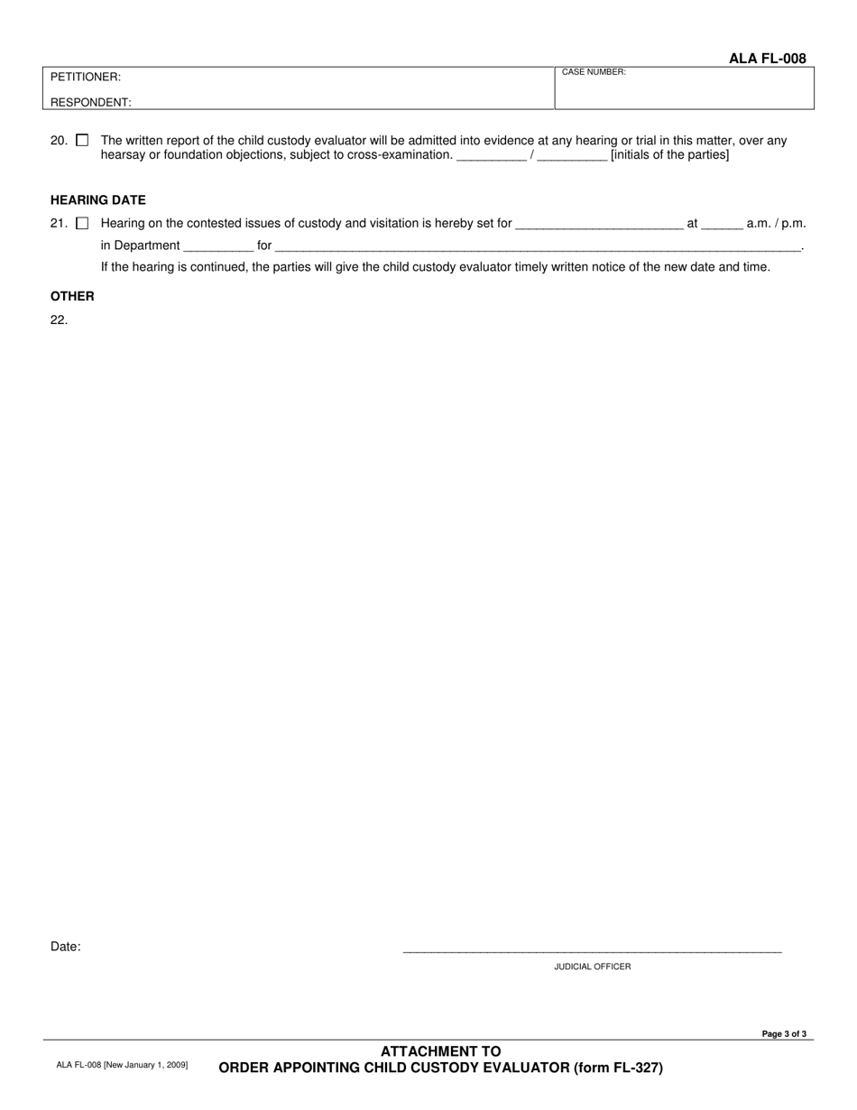 Form ALA FL-008 Attachment to Order Appointing Child Custody Evaluator - County of Alameda, California, Page 3