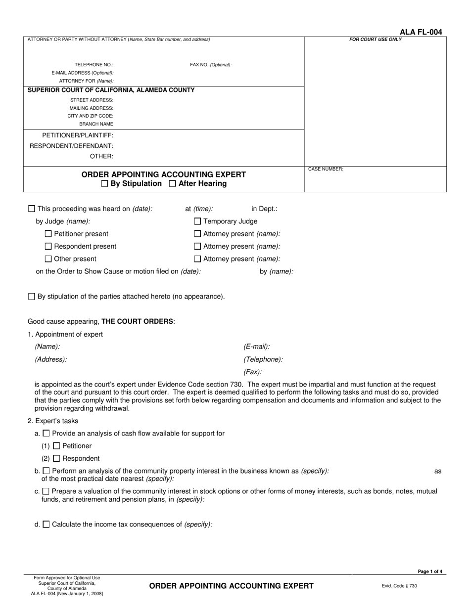 Form ALA FL-004 Order Appointing Accounting Expert - County of Alameda, California, Page 1
