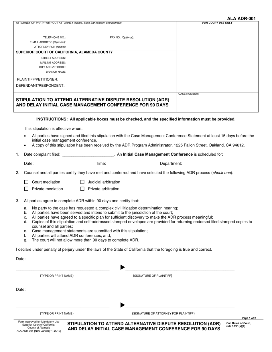 Form ALA ADR-001 Stipulation to Attend Alternative Dispute Resolution (Adr) and Delay Initial Case Management Conference for 90 Days - County of Alameda, California, Page 1