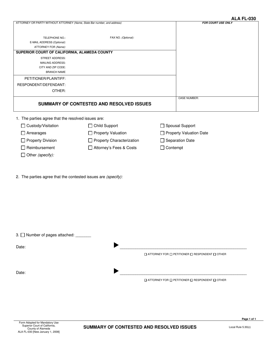 Form ALA FL-030 - Fill Out, Sign Online and Download Printable PDF ...