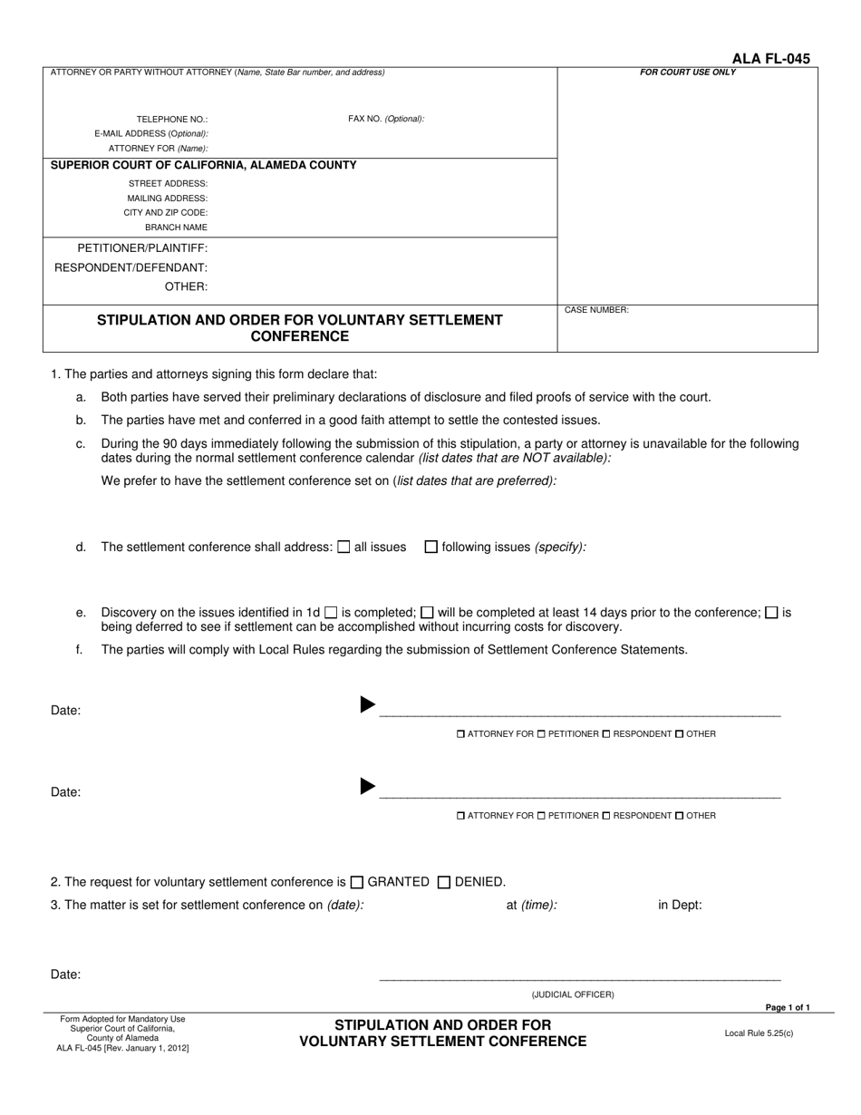 Form ALA FL-045 Stipulation and Order for Voluntary Settlement Conference - County of Alameda, California, Page 1