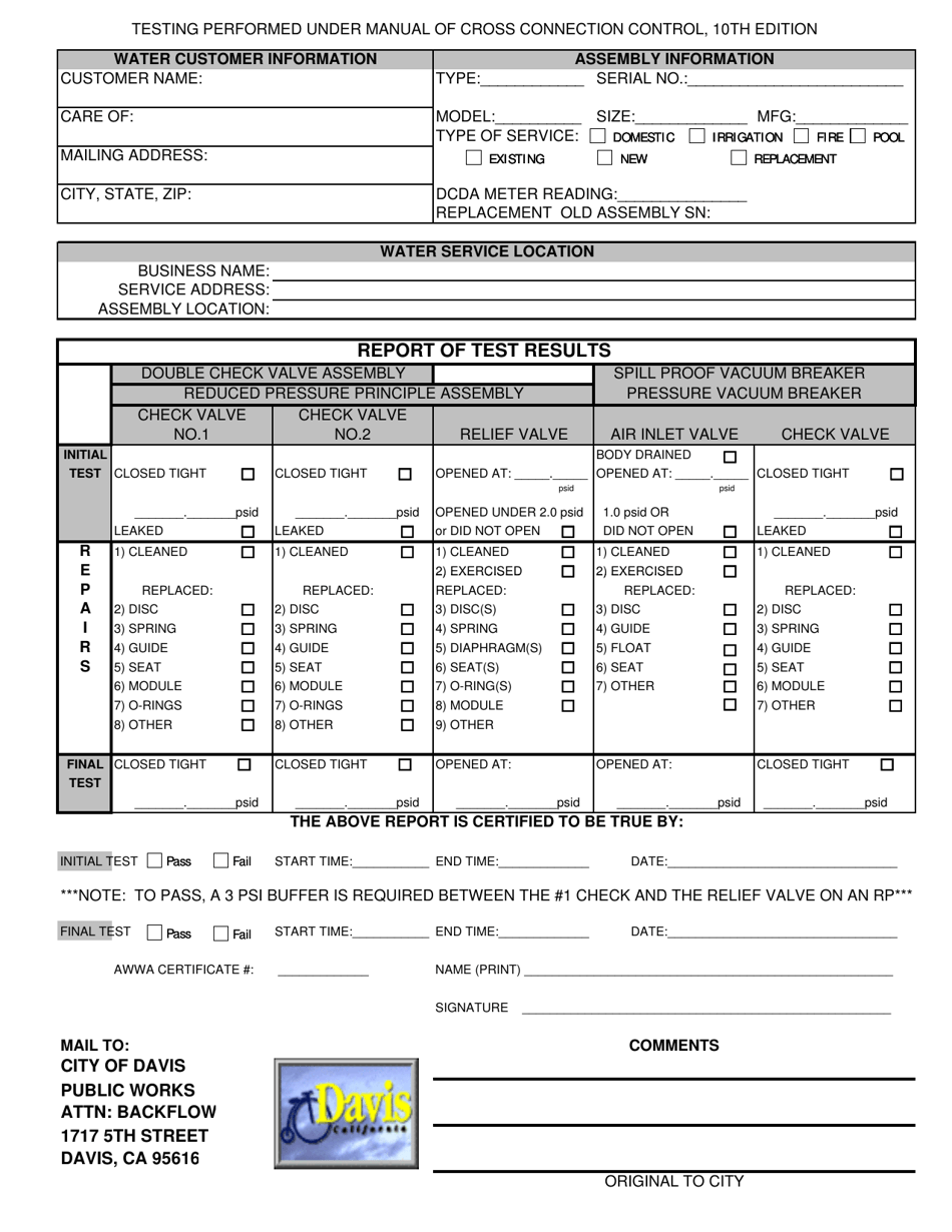 City of Davis, California Backflow Report Form - Fill Out, Sign Online ...