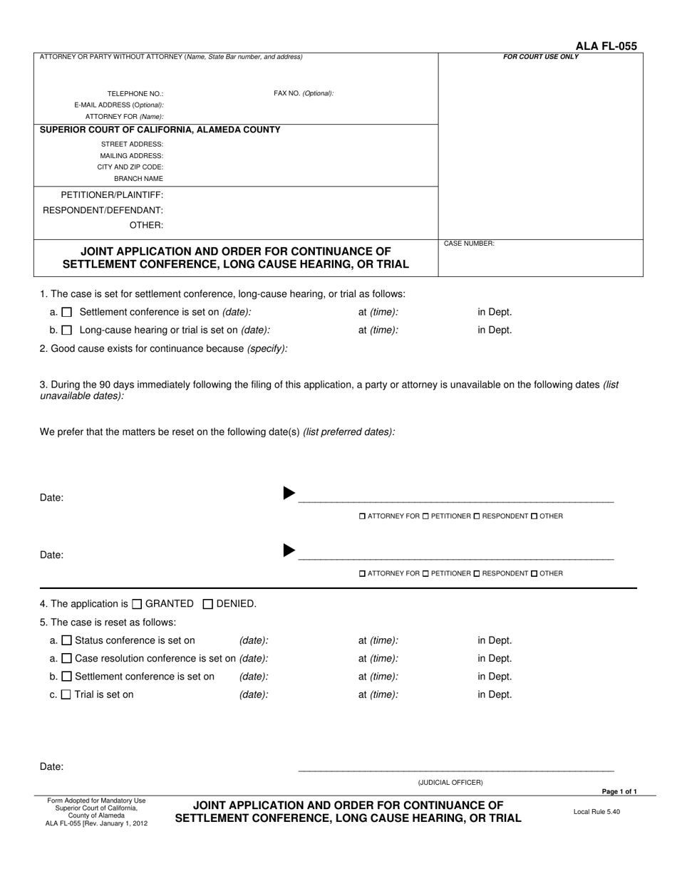 Form ALA FL-055 Joint Application and Order for Continuance of Settlement Conference, Long Cause Hearing, or Trial - County of Alameda, California, Page 1