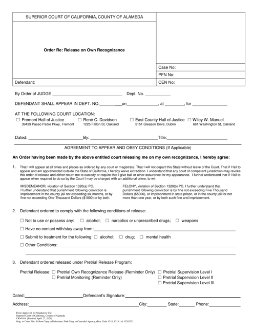 Form CRM014 Order Re: Release on Own Recognizance - County of Alameda, California