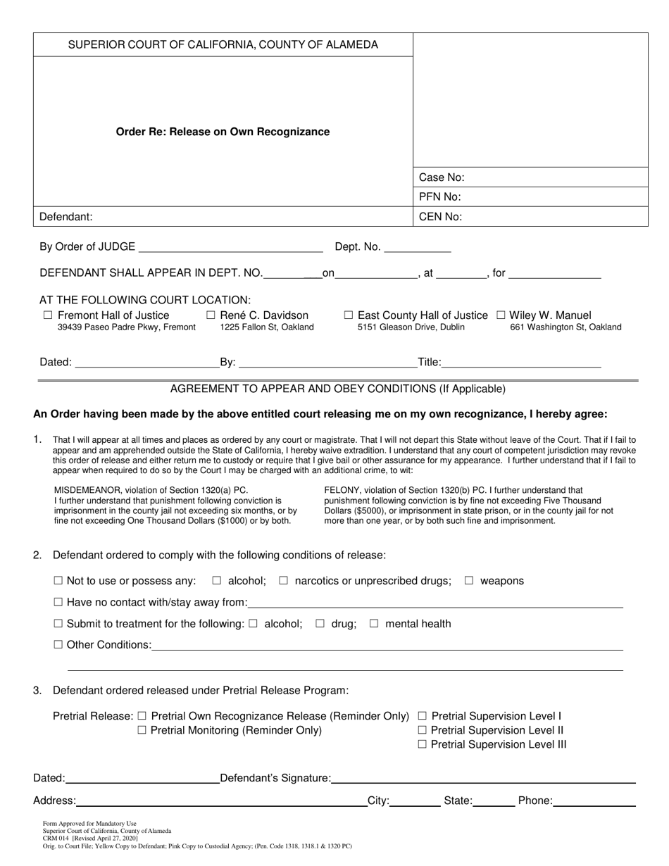 Form CRM014 Order Re: Release on Own Recognizance - County of Alameda, California, Page 1