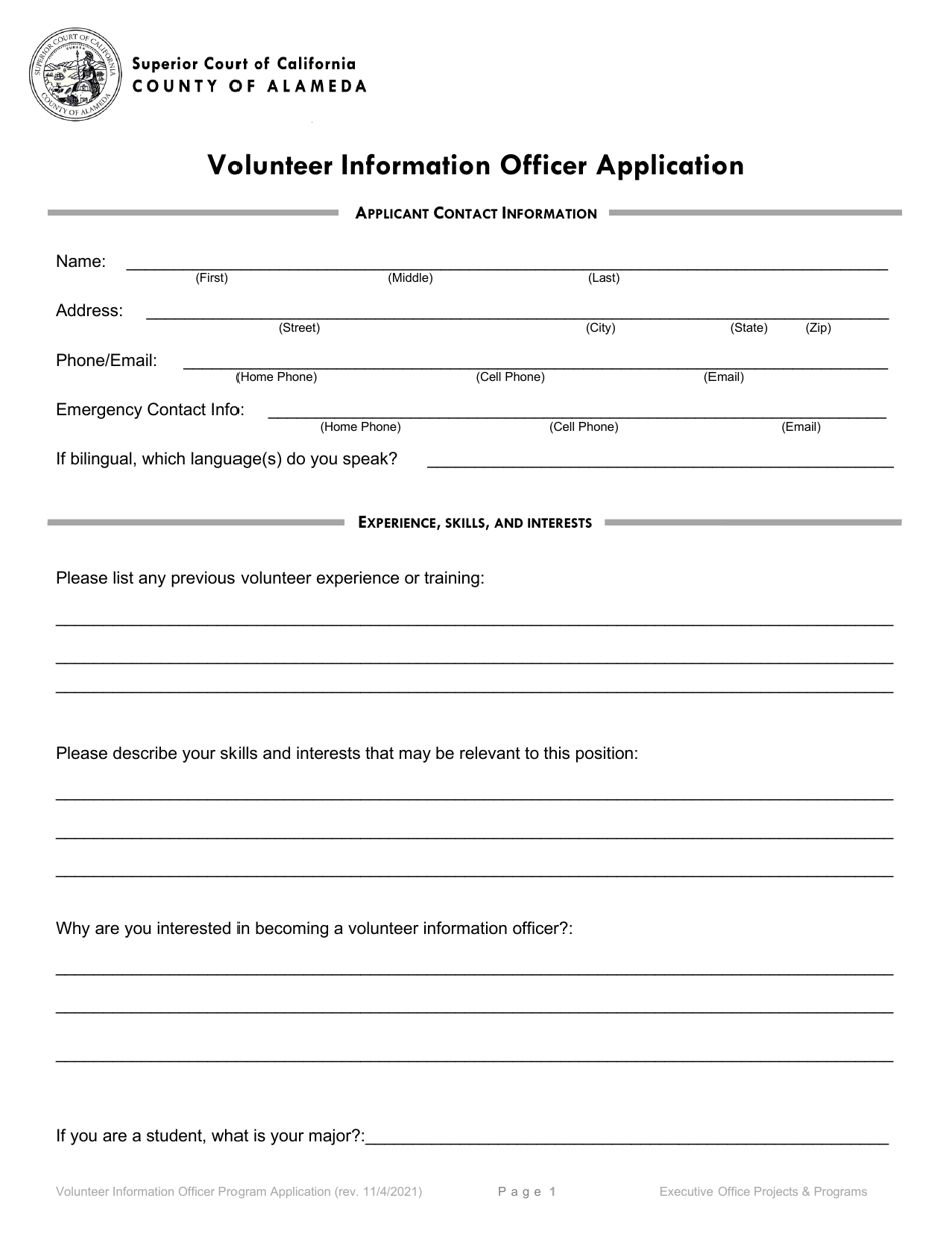 Volunteer Information Officer Application - County of Alameda, California, Page 1