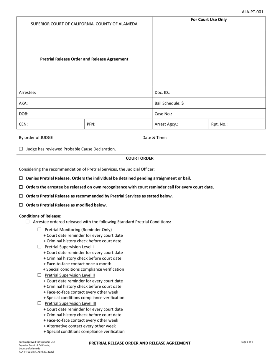 Form ALA-PT-001 Pretrial Release Order and Release Agreement - County of Alameda, California, Page 1