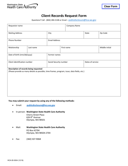 Form HCA65-0004 Client Records Request Form - Washington