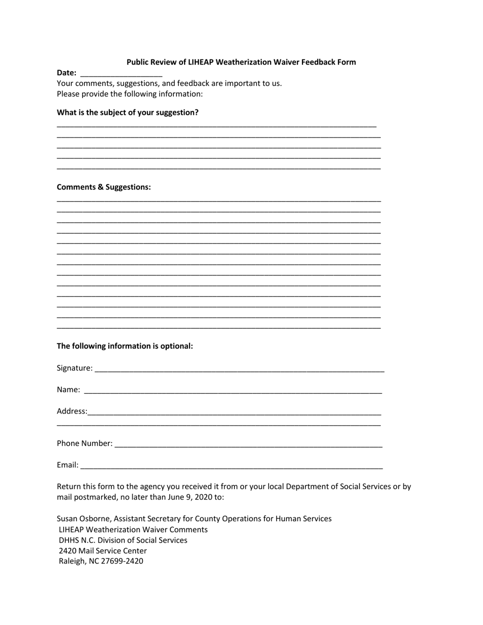 Public Review of Liheap Weatherization Waiver Feedback Form - North Carolina, Page 1