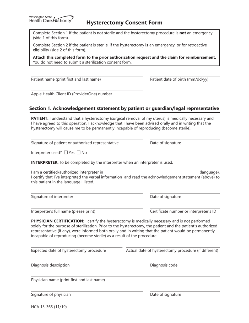 Form HCA13-365 Hysterectomy Consent Form - Washington, Page 1