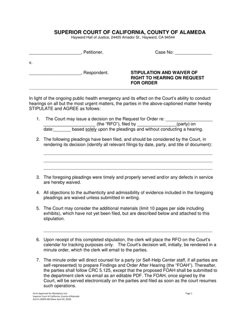 Form ALA-FL-EMER-060 Stipulation and Waiver of Right to Hearing on Request for Order - County of Alameda, California