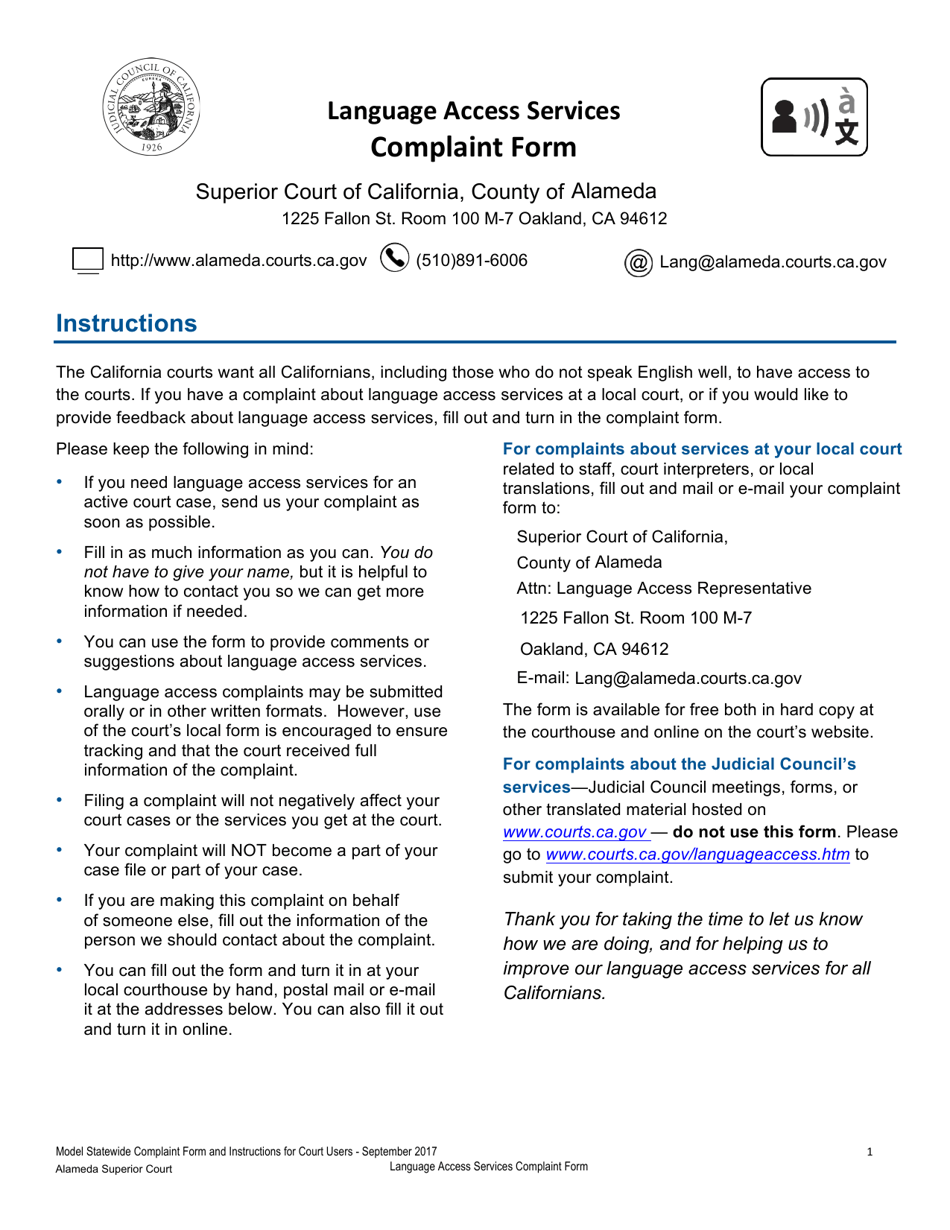 Language Access Services Complaint Form - Counrt of Alameda, California, Page 1