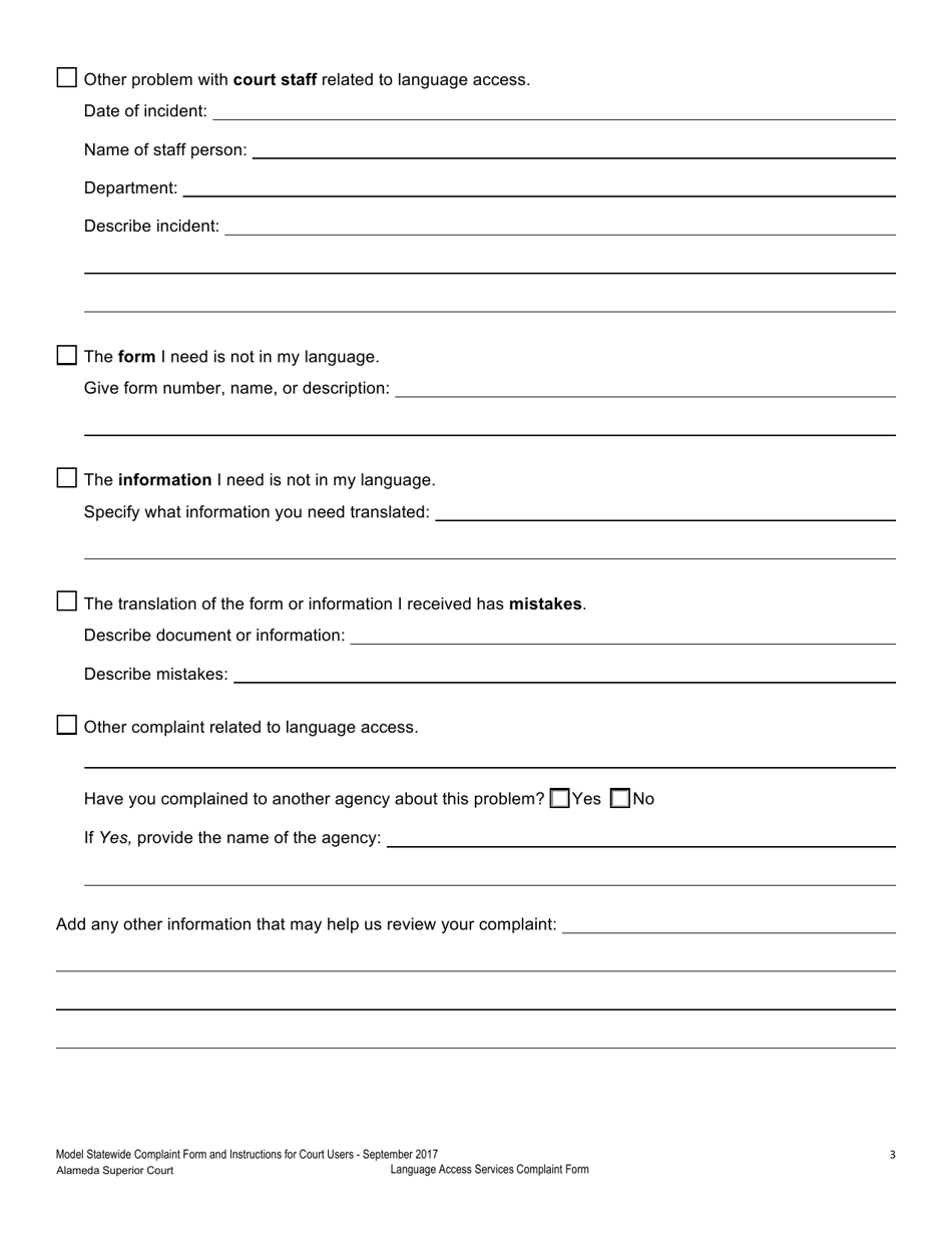 Language Access Services Complaint Form - Counrt of Alameda, California, Page 3