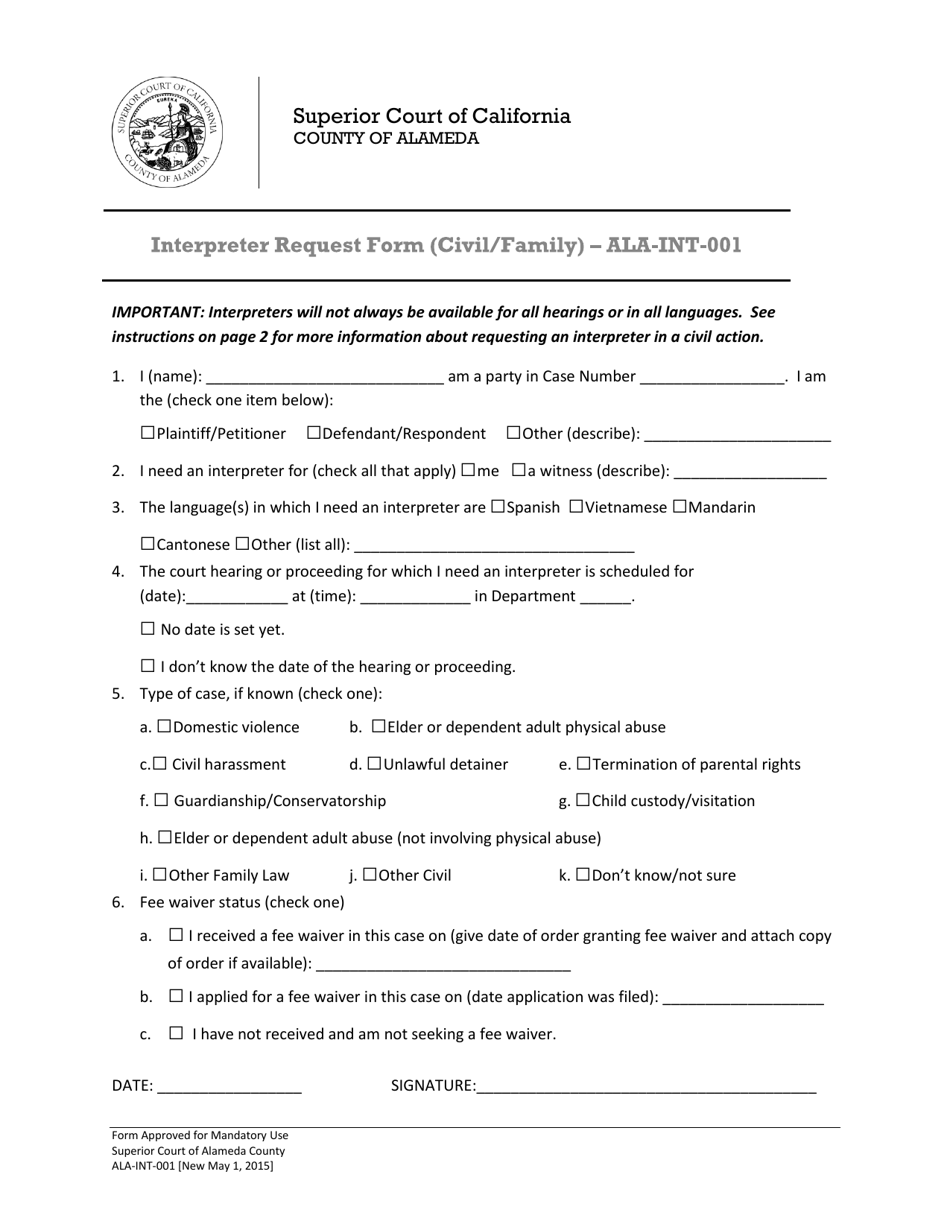Form ALA-INT-001 Interpreter Request Form (Civil / Family) - County of Alameda, California, Page 1
