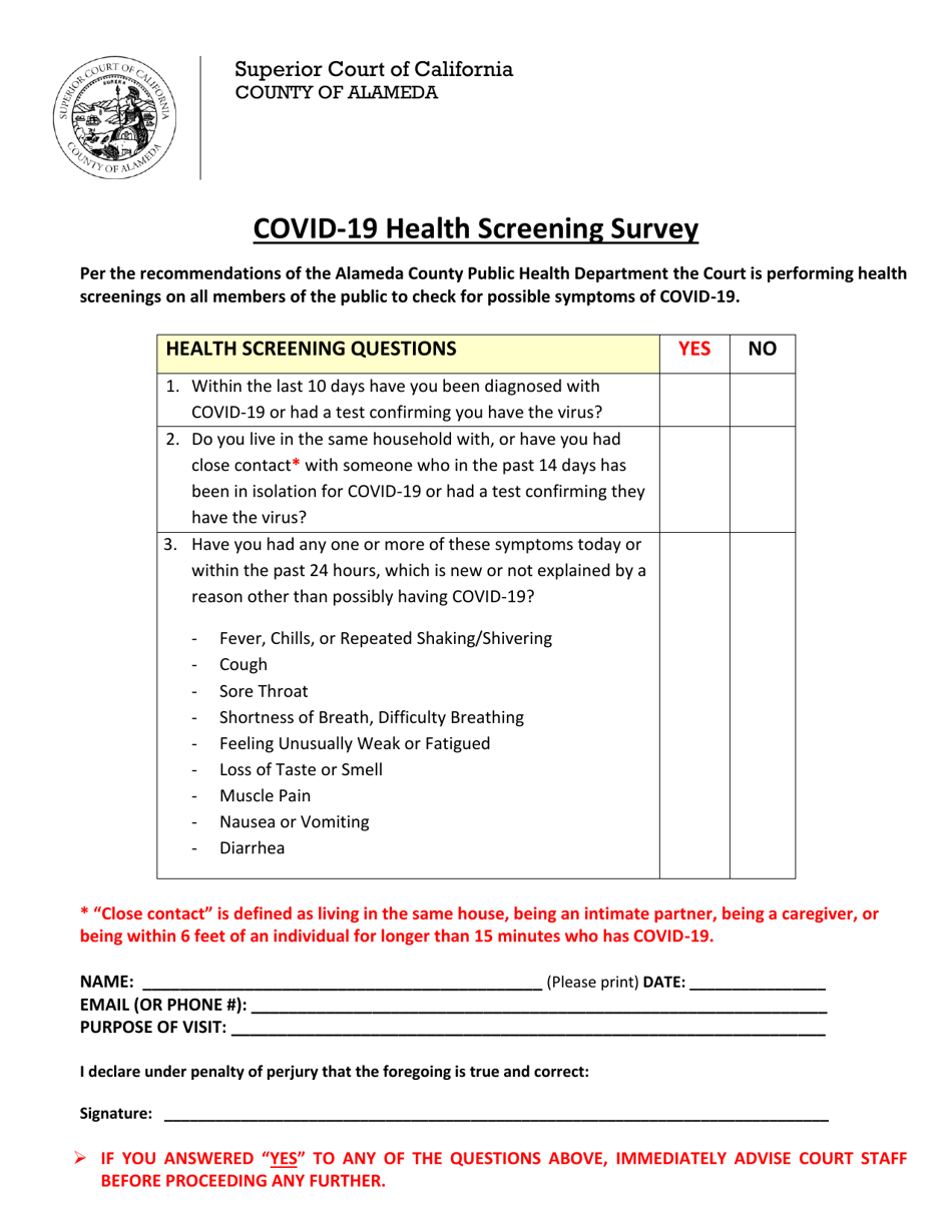 Covid-19 Health Screening Survey - County of Alameda, California, Page 1