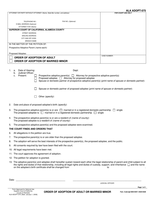 Document preview: Form ALA ADOPT-075 Order of Adoption of Adult or Married Minor - County of Alameda, California