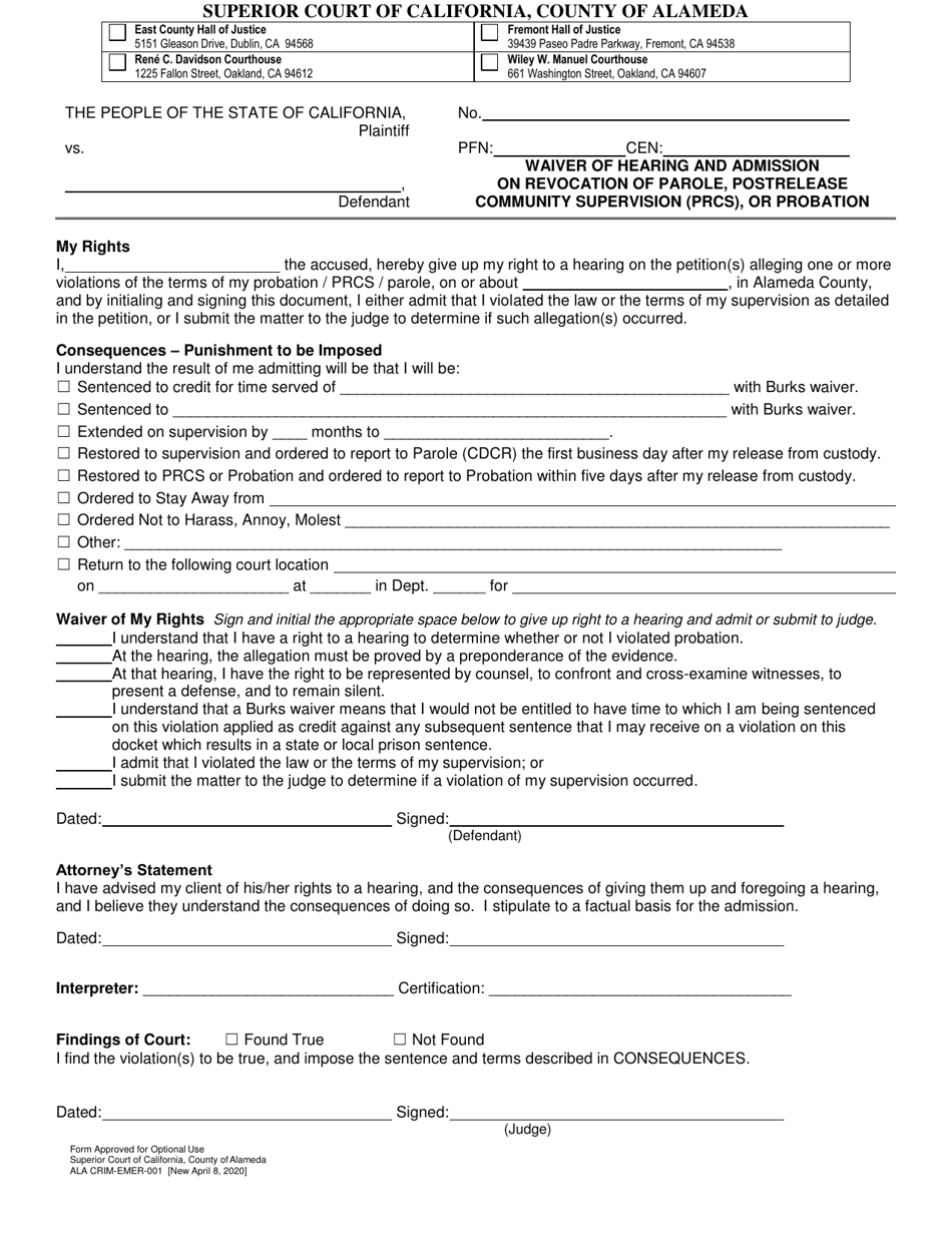 Form ALA CRIM-EMER-001 Waiver of Hearing and Admission on Revocation of Parole, Postrelease Community Supervision (Prcs), or Probation - County of Alameda, California, Page 1