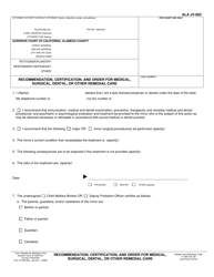Form ALA JV-002 Recommendation, Certification, and Order for Medical, Surgical, Dental, or Other Remedial Care - County of Alameda, California