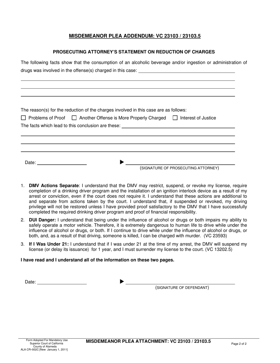 Form ALA CR-002C Misdemeanor Plea Attachment: Vc 23103 / 23103.5 - County of Alameda, California, Page 2