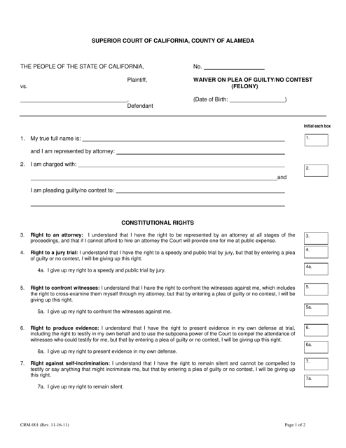Form CRM-001 Waiver on Plea of Guilty/No Contest (Felony) - County of Alameda, California